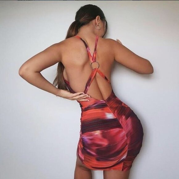 Oh Polly Out Of This World Red Orange Ombré Ruched Bodycon Mini Dress 4 NEW Tags - Picture 12 of 12